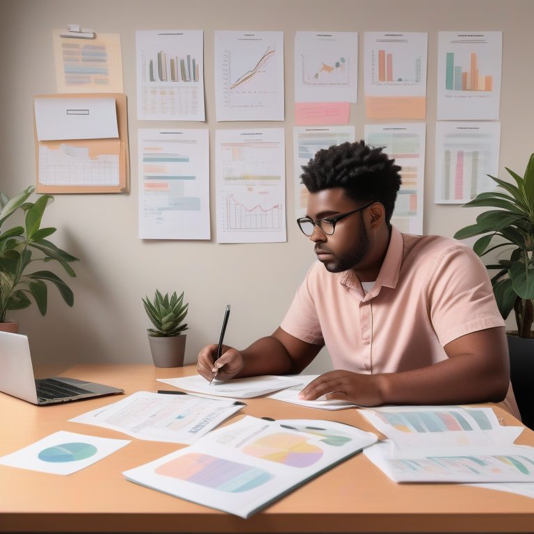 Diligent person writing a grant proposal at a desk with documents, laptop, and soft lighting.